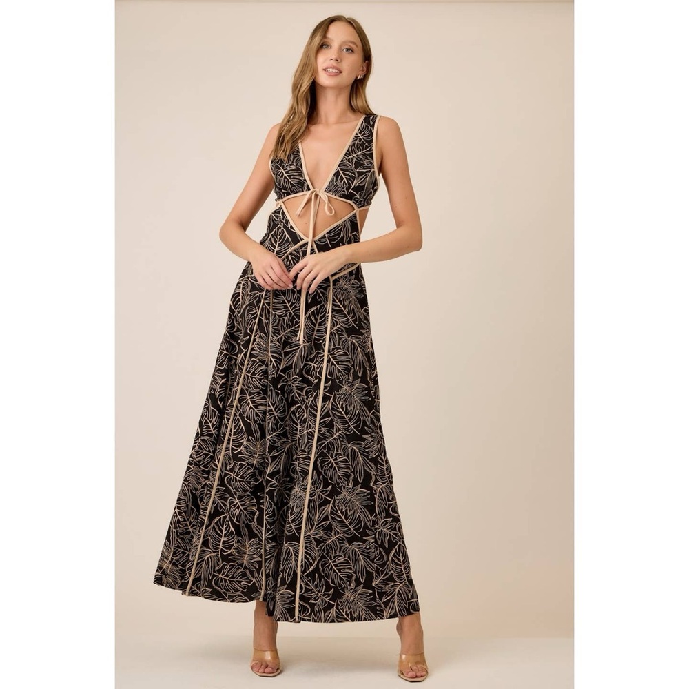 AZURA Tropical Print Dress Mexico Cabo Leaf Taupe Mocha Cocoa Cutouts Peppermayo